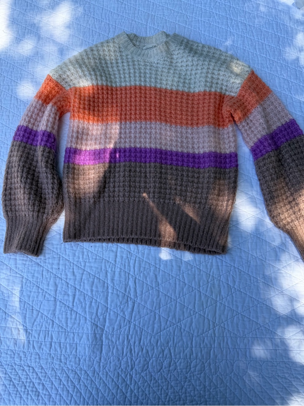 Striped Waffle Knit Crewneck Sweater in Cream, Orange, Purple, and Brown